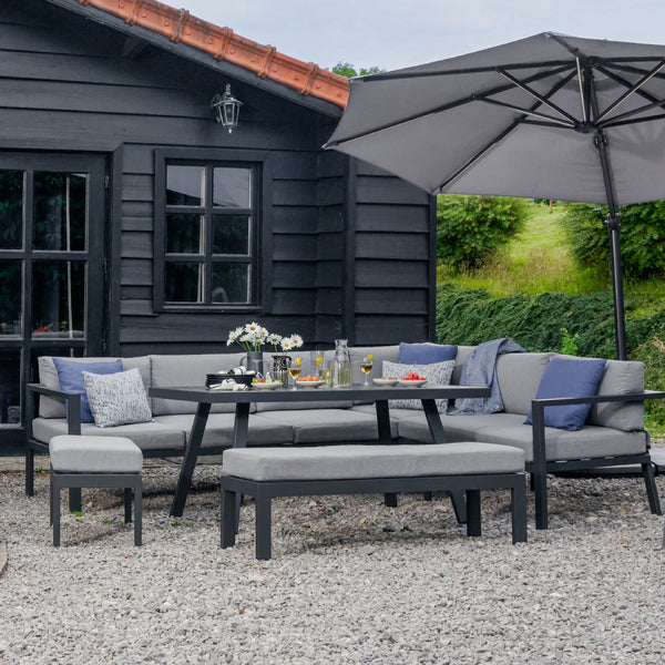 Juego de jardín con sofá, banco y mesa 10 lugares Naterial de aluminio gris de aluminio