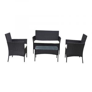 Set de jardín estilo ratán 4 piezas acabado café 1 sofá dúo 2 sofás individuales y mesa de centro