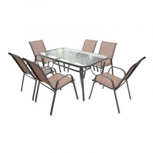 Set de jardín, 7 piezas, negro, café claro o café oscuro, mesa: 90 x 150 x 71cm, 6 sillas: 53 x 73 x 90cm