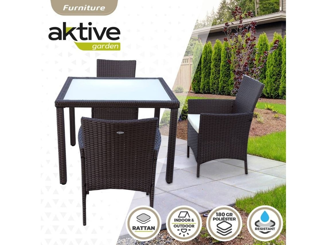 Sillón + Mesa AKTIVE (Negro - Acero, Ratán, Cristal, Poliéster - 60x61x100 cm)