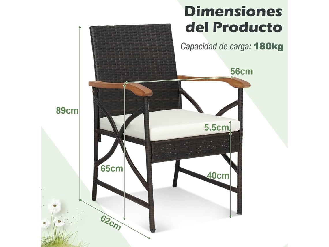 2 Silla Jardin Exterior con Cojín Suave con Cremallera, Marco de Metal Resistente, Sillas Terraza Mimbre COSTWAY
