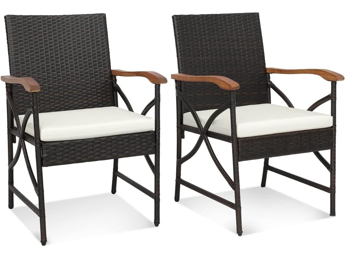 2 Silla Jardin Exterior con Cojín Suave con Cremallera, Marco de Metal Resistente, Sillas Terraza Mimbre COSTWAY