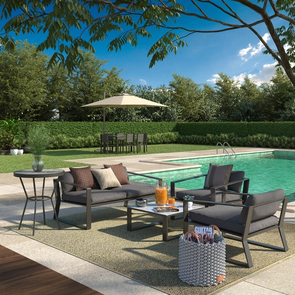 Junto con un sofá, sillón y mesa de café 4 lugares de aluminio gris Lyra Naterial