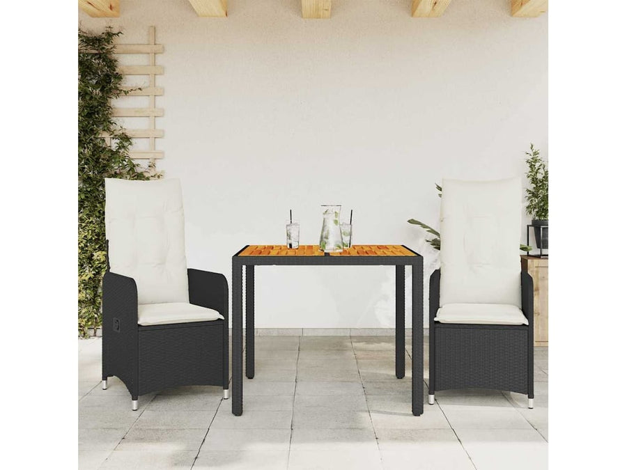 Mesita y sillas jardín 3 pzas y cojines ratán sintético negro PANGSHIYUAN