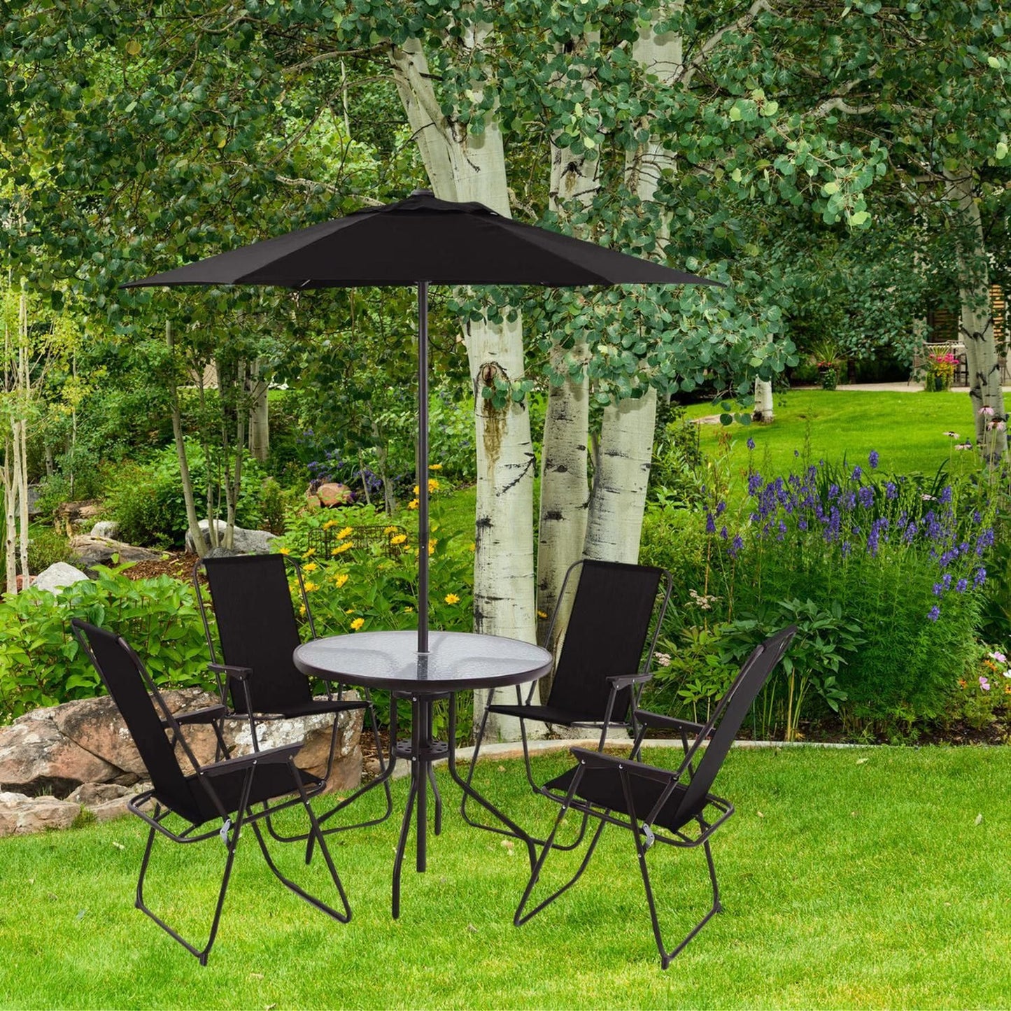 Juego Comedor Terraza Jardín Exterior + 4 Sillas Y Quitasol Metal